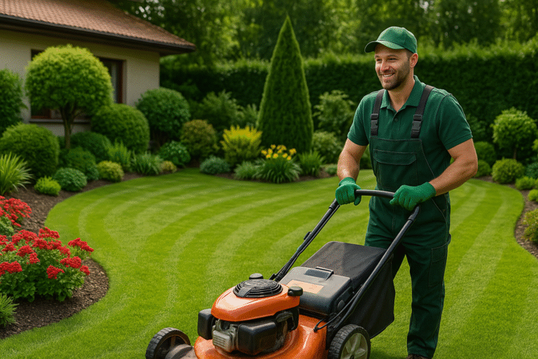 Person using a lawn mower to cut grass in the front garden