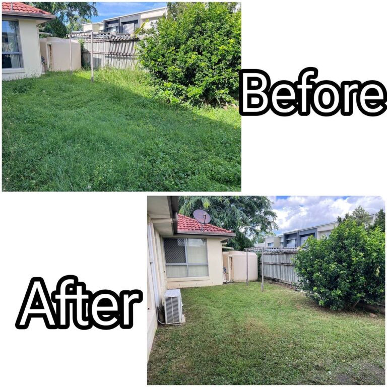 Before and after images of a residential backyard with long, overgrown grass transformed into a neatly mowed, clean lawn.