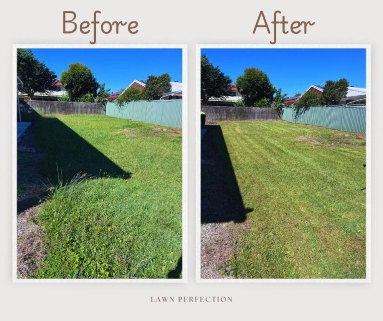 Side-by-side before and after photos of a backyard showing long, patchy grass trimmed into a clean, even lawn.
