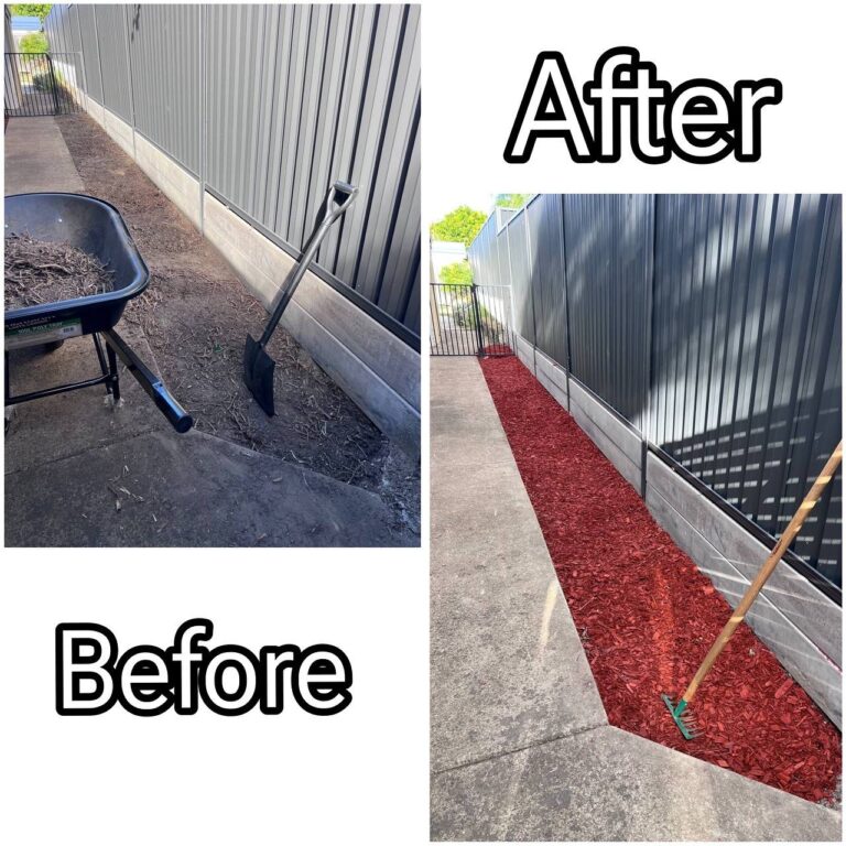 Before and after photos of a side garden bed, showing bare soil transformed into a clean, finished look with fresh red mulch.